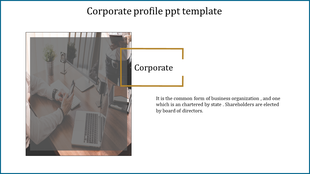 Corporate profile slide with a faded business meeting image on the left, a gold-bordered label, and text on the right.