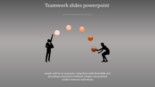 Teamwork concept slide with two silhouetted figures passing orange balls in an arc against a gradient background.