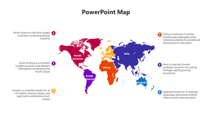 Global map template showing labeled continents in shades of red, orange, purple, and blue with side notes.