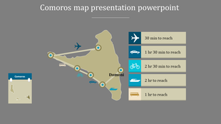 Comoros map slide featuring travel routes to Domoni with icons for transportation modes and estimated times.