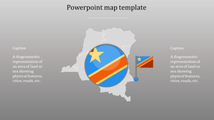 Democratic Republic of Congo map slide with a gray outline, a magnified circular flag, and a flag marker.