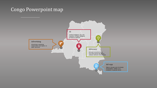 Map of Congo in PowerPoint with labeled regions for Advertising, AI, Advocacy, and Ad copy, with accompanying text boxes.