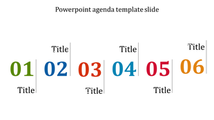 Colorful agenda template featuring six large numbers with placeholder text areas titles above placed in white background.