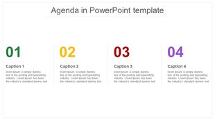 Slide featuring four numbered agenda points in green, yellow, red, and purple, paired with a title and description.