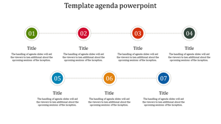 Agenda template with seven numbered circles in different colors connected by dashed lines, each with a title and description.