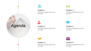 Agenda slide with a vertical line featuring a central circular image and six colorful icons representing different topics.