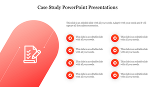 Case study slide layout with a red shape containing a checklist icon, and structured bullet points with red arrow icons.