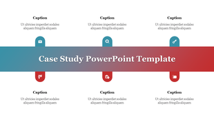 Case study slide with a horizontal gradient banner, flanked by six evenly spaced icons and placeholder text areas.