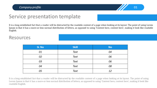 Service presentation slide with a blue header, a structured resource table, and a bold section title with placeholder text.
