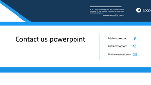 Contact us PPT slide with contact details including address, phone, email, and website, featuring a clean design and logo.