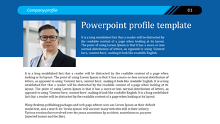 Company profile slide with a professional headshot on the left, a blue title banner, and placeholder text below.