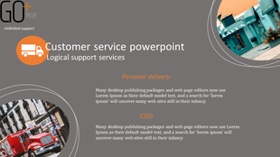Customer service slide featuring text about personal delivery and COD, paired with two circular images of trucks and a store.