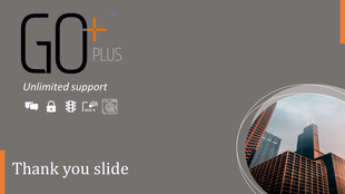 Thank you slide with GO+ Plus logo, unlimited support text, and various service icons with a cityscape background.