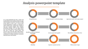 Analysis slide with six segmented circular progress charts in gray and orange, each linked by gray bars and labeled below.