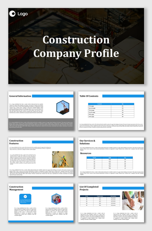 Construction themed slides with blue accents, displaying sections for general information, services, and a table of contents.