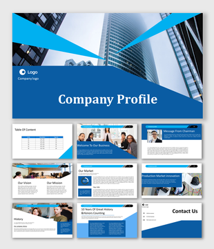 Company profile presentation slides with business imagery and sections for vision, mission, and history on a blue theme.