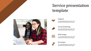 Service slide with a photo of two women working on a computer, four service icons with descriptions, and brown accents. 