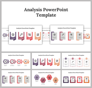 Pack of slides with colorful icons and sections for various data analysis, including visuals and layouts.