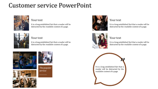 Customer service slide featuring multiple images and placeholders, and a brown speech bubble with quote on the right.