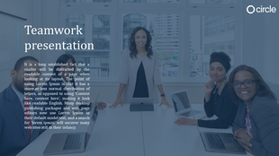 Teamwork presentation slide featuring professionals collaborating around a table with laptops in a bright office setting.