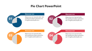 Pie chart slide with four numbered pie charts in blue, maroon, orange, and red, each linked to a text box with labels.