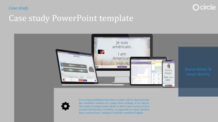 Gray themed case study template with laptops, tablet, and mobile phone displaying a language learning platform interface.