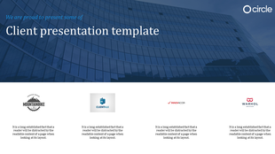Client presentation slide showcasing four logos with a modern building background, in a clean design.