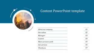 Content slide with a circular city skyline image, dark blue header, and seven sections with numbered entries on the right. 