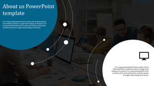 Template design featuring about us large blue and white circles with text areas over a blurred office scene.