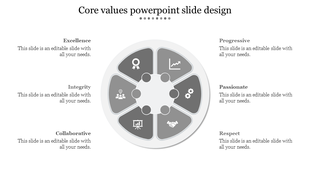 Core values PowerPoint slide with a grey circular diagram and six labeled sections from excellence to respect with text.