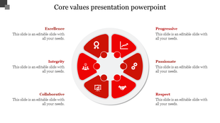 Circular diagram with six red segments, each representing a core value, with icons and text around it.