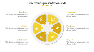 Core values PowerPoint slide with eight segments, each representing a different value from excellence to respect.