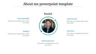 Profile slide featuring daniel's picture, with placeholders for sections like hobbies, education, and work experience.
