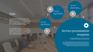 Service template with a blurred meeting room background, large blue circles, white icons, and placeholder text. 