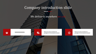 Company introduction slide with a modern building background, featuring three red and white contact informtion boxes.