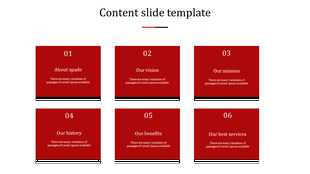 Minimalist content slide with six red sections, numbered and labeled with categories like history, services, and benefits.