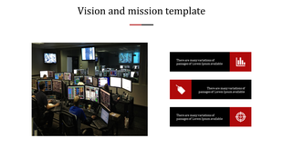 Technology themed vision and mission slide with an operations center full of screens and three structured content areas. 