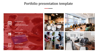 Portfolio template with a large red-tinted teamwork image on the left, featuring three white icons and text descriptions