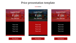 Price comparison slide showing three freight tiers against shipping container background with red and black color scheme.