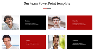 Team template featuring four team members with photos and placeholder text in black and red sections.