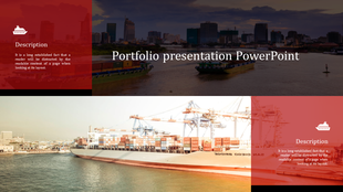 Portfolio PowerPoint template with images of cargo ships and container loading with text descriptions.