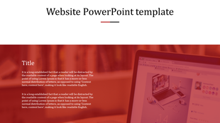 PowerPoint slide showcasing a website design with a blurred background and a laptop image on a red and white theme.