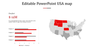 USA map PPT slide with highlighted states and category data visualization.