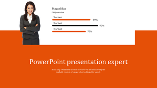 Professional slide with a woman, progress bars, and a prominent orange section containing text at the bottom.