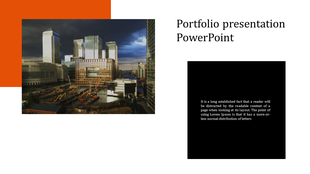 Portfolio slide showing a modern city construction site with an orange corner and a black text box explaining the layout.