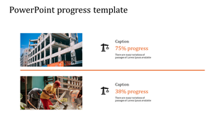 Project status template with two construction site images, progress percentages, and black and orange design elements.