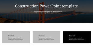 Construction themed template featuring a bridge image with three text boxes below in gray and black tones.