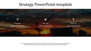 Business strategy slide with a dark sunset background, construction site elements, and three central text areas with icons.