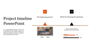 Timeline slide with two project milestones and progress indicators, including an aerial image of a construction site.