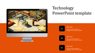 Technology focused slide featuring an iMac-style monitor displaying a worksite, with three black numbered description boxes. 